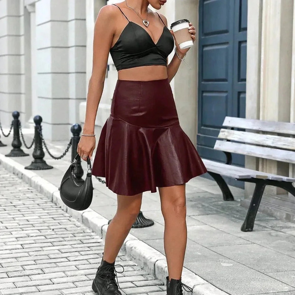Burgundy Casual Women's Fashion Faux Leather Ruffle Hem Skirt - Picture 3 of 7